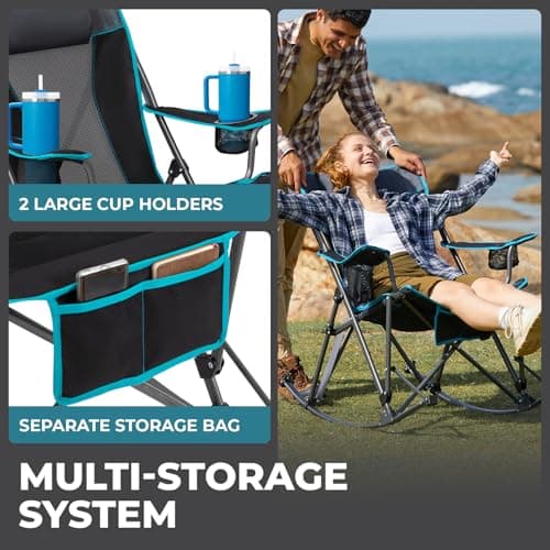 FUNDANGO Oversized Rocking Camping Chair for Adults, Portable Folding Lawn Chairs for Outside with Pillows, Wide Armrest, 2 Cup Holders, Carry Bag for Patio Garden Outdoor Supports 400Lbs (Black/Blue)