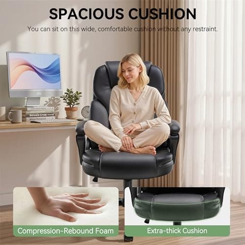 Ergonomic Office Chair with High Back, Comfy Desk Chair, Adjustable Executive Office Chair for Home Office, Big and Tall Computer Chair Heavy Duty, 360° Swivel, Faux Leather Black