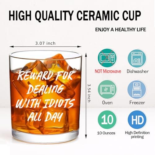 Reward For Dealing With Idiots All Day Whiskey Glass, Funny Gifts for Men Coworker Friend Husband Boss Him Christmas Bosses Day Birthday, 10 OZ Old Fashioned Glass with Gift Box