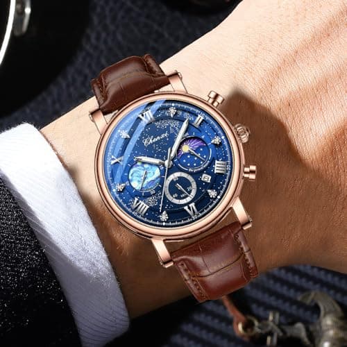 FANMIS Men's Classic Multifunctional Military Sports Analog Watch Business Dress Waterproof Luminous Chronograph Starry Sky Moon Phase Leather Wristwatch