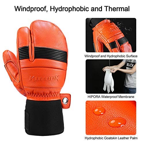 KUTOOK Ski Mittens with HIPORA Waterproof Membrane Goat Leather Gloves for Skiing Outdoor