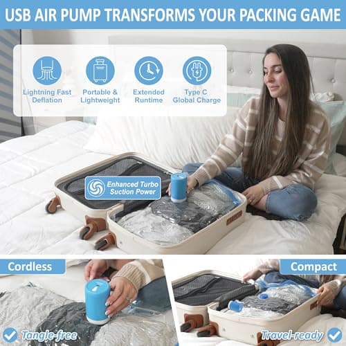 12 Pack Travel Vacuum Storage Bags with Rechargeable Wireless Electric Pump for Luggage, Suitcase, Carry-on Size Vacuum Seal Compression Space Saver Bags for Clothes and Clothing Travel