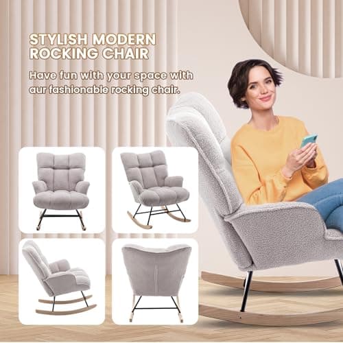 SAETSFEG Rocking Chair Nursery Teddy Upholstered Glider Rocker Rocking Accent Chair Padded Seat with High Backrest Armchair Comfy Side Chair for Living Room Bedroom Offices (Grey Teddy)