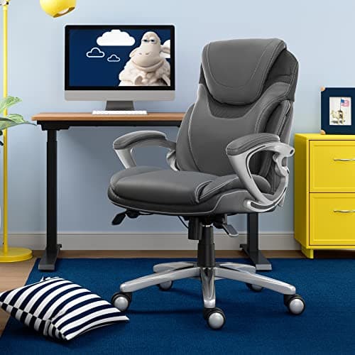 Serta Bryce Executive Office Chair - Ergonomic Computer Desk Chair with Patented AIR Lumbar Technology - Adjustable Height - Memory Foam Body Pillows - 360° Swivel Rolling Base - Bonded Leather - Gray