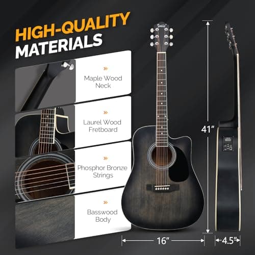GLARRY Full Size 6 Strings Acoustic Electric Guitar Beginner Kit w/ 15W Amp, Cutaway 41 Inch Electric Acoustic Guitar w/Inbuilt Tuner, Bag, Strap, Picks, Strings, Basswood Guitarra, Distressed Black