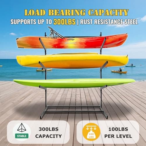 Kayak Storage Rack, Heavy Duty Kayak Racks for Garage and Outdoor Storage, Storage Rack for Kayak, Canoe, Surfboard & Paddleboard-3 Levels