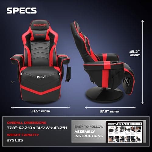 Respawn 900 Console Gaming Recliner with Footrest and Lumbar Support - Comfortable Ergonomic Gaming Chair with Headrest, No Wheels, Reclining, Heavy Duty, Racing Style Video Game Chairs - Red