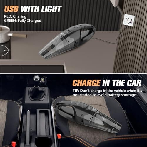 Handheld Vacuum Cordless Rechargeable with LED Light, Car Vacuum Portable Cordless, Hand Vacuum Cleaner Car Seats, Home, Quick Cleanup, Strong Suction, Lightweight, Includes Crevice Nozzle & Brush