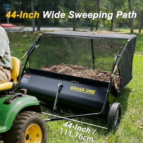 Grass One 44 Inch Tow-Behind Lawn Sweeper with 25 Cu.Ft Hopper Bag, Adjustable Brush Height & Easy Dump-from-Seat – Picks Up Leaves, Grass & Yard Debris, Garden Gift