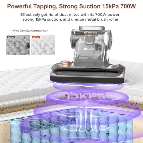 JIGOO T600 Bed Vacuum Cleaner with UV-C Light, 15Kpa Suction 700W Powerful Double Cup Handheld Vacuums, Mattress Vacuum Cleaner with Smart Dust Sensor, Ultrasonic & Heating Tech, HEPA Filter - Corded