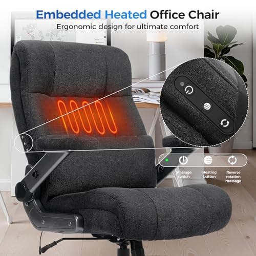 600LBS Big and Tall Massage Office Chair, Extra Wide Seat - 3D Kneading Massage & Heat Office Chair with Heavy Duty Metal Base, 3D Flip Arms, Fabric Ergonomic with Thick Spring Cushion