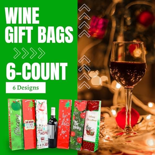 Iconikal 6-Pack Christmas Wine Bottle Gift Bags, Heavy-Duty with Ribbon Handles, Assorted Holiday Designs - Ideal for Festive Xmas Gifting, Parties & Bulk Wrapping