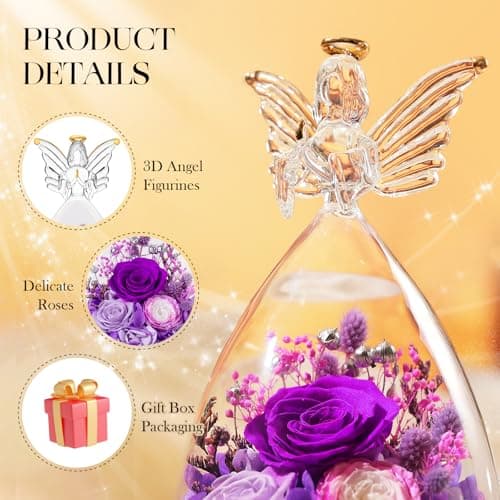 RoseValley Angel Roses Gifts for Mom,Preserved Real Flowers Roses in Glass Angel Figurines,Christmas Birthday Gifts for Grandma Women Mom Wife Mother in Law/Purple