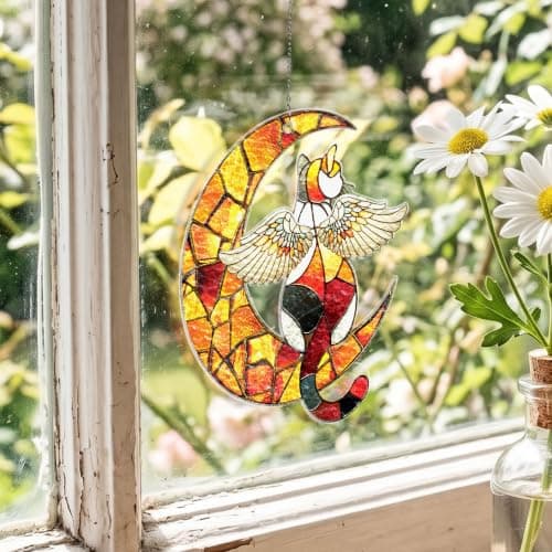 Wavy acrylic suncatcher featuring winged cat moon artwork, designed as a window hanging ornament for home décor and spaces Cat Suncatcher, Pet Memorial Gifts, Window Hanging Ornament 3 (6 Inches) B0HFW19G7L