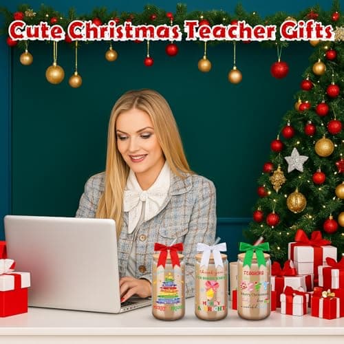 16 oz Glass Coffee Cups with Bows Lids Straws Brushes, Thank You End of Year Gifts for Teacher from Student School Present Reallnaive 6 Pcs Christmas Teacher Appreciation Gifts for Women Teacher Cup B0FNM52YVG