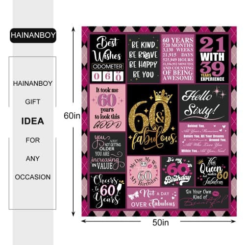 60th Birthday Gifts for Women, 1965 Blanket with Gift Box, Gifts for 60 Year Old Women, Happy 60 Birthday Gifts Ideas, for Woman Turning 60 Decorations 60"x50"