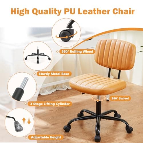 Sweetcrispy Small Office Desk Chair - Armless PU Leather with Comfy Lumbar Support, Height Adjustable Rolling Swivel Task for No Arms, for Adult, Student, Bedroom, Home, Vanity, Brown