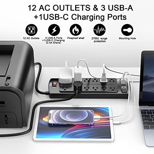 Power Strip, ALESTOR Surge Protector with 12 Outlets and 4 USB Ports, 6 Feet Extension Cord (1875W/15A), 2700 Joules, ETL Listed, Black