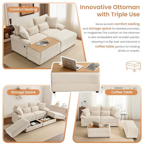 SUNWAVE 74" W Double Chaise Lounge Chair Indoor, Oversized Loveseat with Storage Ottoman, Corduroy Couch with USB Charging, Removable Ottoman, and Coffee Table Cushions for Living Room Bedroom