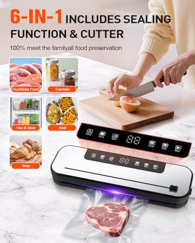 CEROBEAR Food Vacuum Sealer Machine, 75kpa Powerful Food Saver Vacuum Sealer Machine with Cutter, 6-in-1 Automatic Air Sealing for Food Storage, Sous Vide, Meat, Vegetables, Dry/Moist Modes