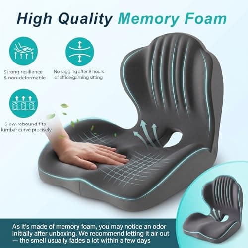 Ergonomic Office Chair Seat Cushion, L-Shaped Memory Foam Coccyx Cushion for Tailbone Pain Relief, Orthopedic Car Seat Cushion with Lumbar Support & Cutout Hollow for Sciatica & Back Pain (Grey