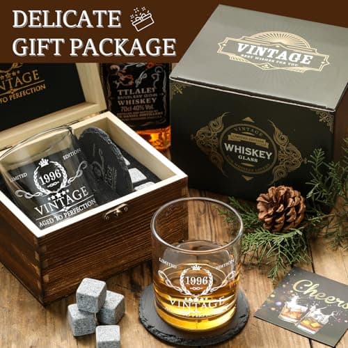 30th Birthday Gifts for Men Whiskey Glass Set - 30th Birthday Decorations, Party Supplies - 30 Year Anniversary, Bday Gifts Ideas for Him, Dad, Husband, Friends - Wood Box & Whiskey Stones & Coaster B0BJCWJDC4