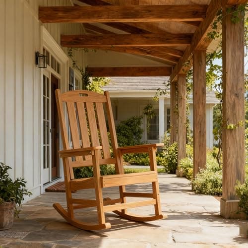 Rocking Chair Indoor Oversized Wooden Slatted Porch Rocker for Outdoor All Weather Lounge Garden Chair Comfortable Seating for Patio Deck Backyard Lawn Fire Pit, Wide Seat and High Back, Teak