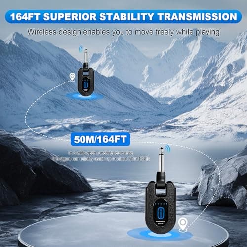 EX GEAR High-Grade Wireless Guitar System 2.4GHz Wireless Guitar Transmitter Receiver Rechargeable, 4 Signal Channel, 235° Rotating Plug, 50m Range for Bass Guitar Electric Instruments