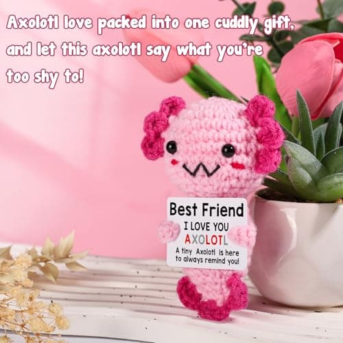 Friendship Gift Crochet Axolotl, Tiny Handmade Present for Best Friend, Sisters, Coworker Work Bestie, Funny for Birthday, Valentines, Christmas, Easter, Mother's Day, Graduation