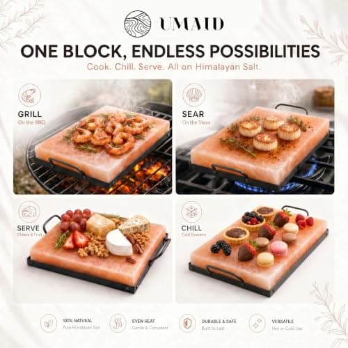 UMAID Himalayan Salt Block Cooking Plate 12x8x1.5 – Food Grade Pink Himalayan Salt Stone for Cooking, Grilling, Serving & Cutting – Includes Steel Tray & Grilling Recipe Booklet – Unique Gifts for Men & Women B07BB6HWT6