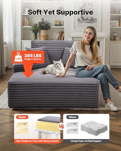 VEVOR Chaise Lounge Chair, 48 in Boneless Chaise Lounge Indoor, Modern Upholstered Oversized Reading Chair with Throw Pillows & Armrests, Sofa Couch Deep Seat Sleeper for Living Room, Bedroom, Balcony