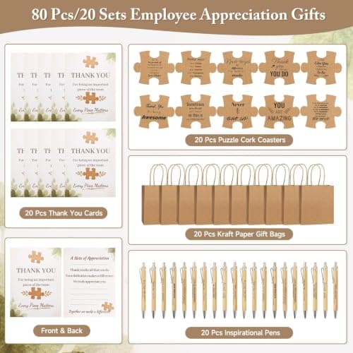80Pcs/20 Sets Employee Appreciation Gifts Set - Puzzle Cork Coasters with Cards, Pens & Paper Bags, Thank You Gifts Bulk, Appreciation Gift for Coworkers, Perfect for Teachers, Nurses, Office, School B0GWCJP3J9