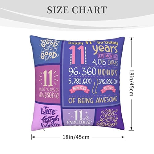 11 Year Old Girl Birthday Gifts - 11th Birthday Decorations - Throw Pillow Covers 18 x 18 inch