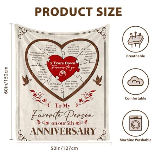 5 Year Anniversary Blanket Gift - 5 Year Anniversary Wedding Gifts for Him Her, 5th Anniversary Marriage Gifts for Husband Wife, Happy 5th Anniversary Blanket for Couple, 60"x50"