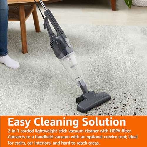 Amazon Basics 2-in-1 Corded Stick Vacuum Cleaner, Convertible to Handheld, Lightweight (3.9 LBS), with Washable HEPA Filter, Crevice Tools, 0.5L Dust Cup, 19.7-Ft Cord, 300W, Black
