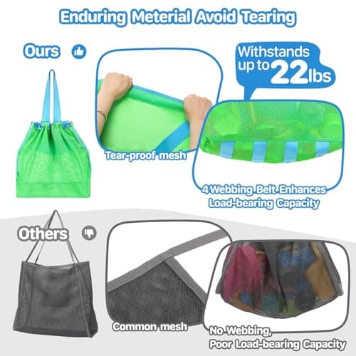 Extra Large Mesh Beach Toy Bag With Drawstring - Lightweight Tote for Sand Toys, Children's Storage Bag for Travel Essentials, Neon Green