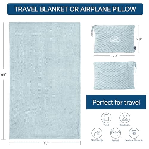 Ultra-soft Airplane Blanket, Luggage Sleeve & Backpack Clip, Travel Essentials for Women, Foldable as Pillow for Long Flight BEDELITE Travel Blanket with Bag, Jacquard Fleece Blanket 65"x40", Blue B0CNJS15T4