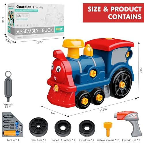 BASUN Toddler Take Apart Toy Set with Electric Drill, DIY Electric Train Assembly, STEM Building Learning Toys, Xmas Gifts for 3-8 Year Old Boys & Girls