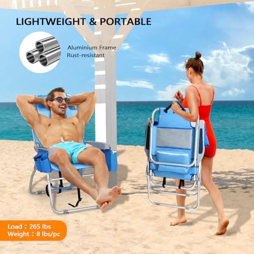 VINGLI Tall Beach Chair 2 Pack Lightweight, Backpack Beach Chair for Adults with 5-Position, Cooler Bag, Cup Holders, Towel Bar, Folding Beach Camping Chairs(16“-Blue)