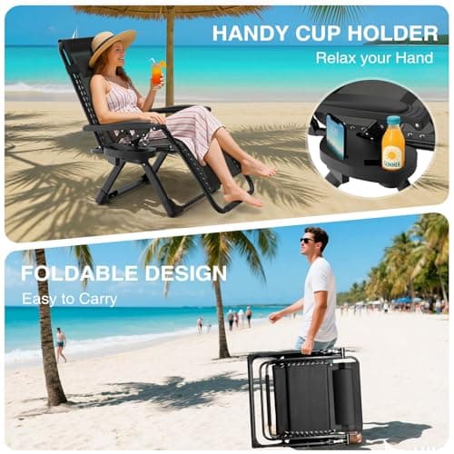 Suteck Zero Gravity Chair, Reclining Camping Lounge Chair w/Removable Cushion, Upgraded Lock and Cup Holder, Reclining Patio Chairs Folding Recliner for Indoor and Outdoor