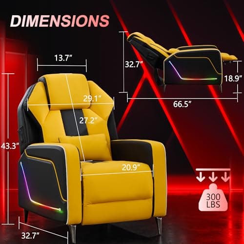 URRED Gaming Recliner Chair with LED Lights, Ergonomic Video Game Reclining Chair with Footrest, Lumbar Pillow, Side Pocket, Home Theater Recliner for Living Room, Bedroom, Gaming Room (Yellow)