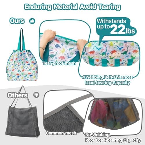 Extra Large Beach Toy Bag with Drawstring - Lightweight Mesh Tote Bag for Sand Toys, Beach Swinmming Pool Essentials, Dino Green