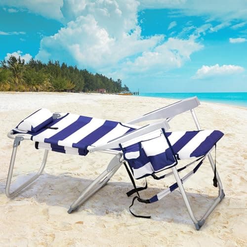 VINGLI Aluminum Backpack Beach Chair for Adults, Portable Lightweight Reclining Beach Chair with Headrest & Side Pocket, Lay Flat Beach Chair with 5 Positions for Outdoor Lawn/Fishing/Pool Lounge