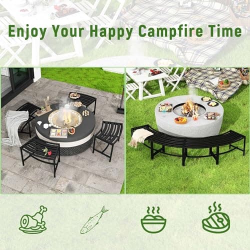 Timechee Metal Outdoor Curved Fire Pit Bench Set of 4, Fire Pit Seating Waterproof, Steel Backless Outside Tree Bench for Garden,Patio,Porch,Backyard,Heavy Duty Plant Holder, Style 3, Black