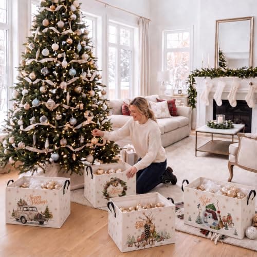 4 Pcs Christmas Storage Basket for Gifts Empty Large Christmas Storage Bins 15 x 10 x 8 Fabric Laundry Baskets with Handle Xmas Collapsible Organizer Boxes for Home Office Gifts Toys Books B0H4M5V4NG