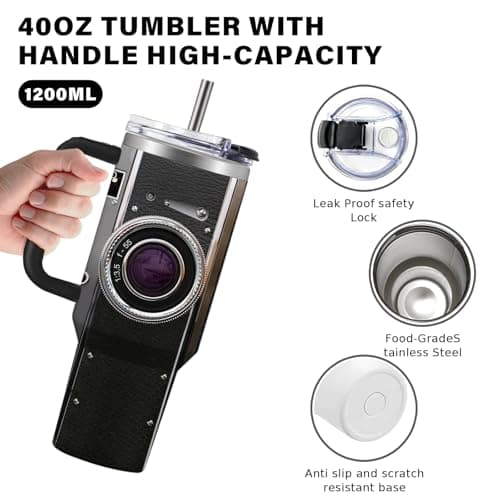Photographer Gifts for Women Men Tumbler with Handle Straws 40oz Photography Lovers Camera Lens Coffee Cup Mugs, Cool Photographers Birthday Christmas Gifts