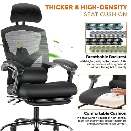 Sweetcrispy Office Computer Desk Chair, Ergonomic High-Back Mesh Rolling Work Swivel Chairs with Wheels, Comfortable Lumbar Support, Comfy Arms for Home, Bedroom, Study, Student, Black
