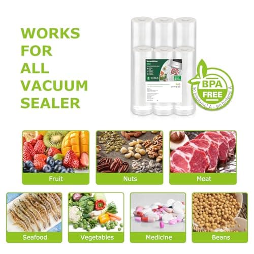 Bonsenkitchen Vacuum Sealer Rolls Bags, 6 Pack 3 Rolls 11" x 20' + 3 Rolls 8" x 20' Commercial Grade BPA Free Bag Rolls, Durable Customized Size Food Vac Bags for Storage and Sous Vide Cooking VB3211