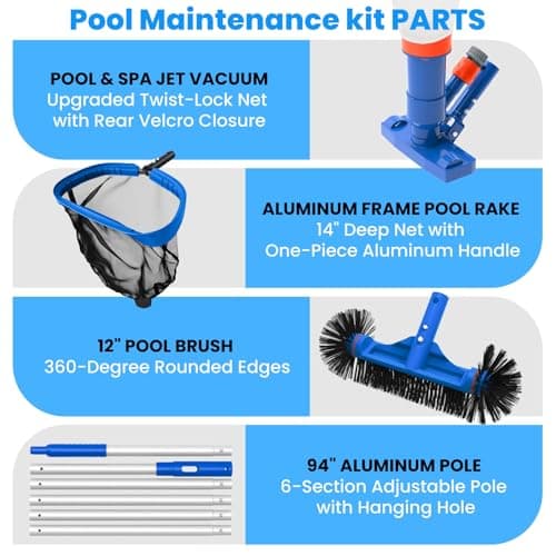Poolvio Pool Cleaning Kit with Spa Jet Vacuum Cleaner, 8-Foot Pole, Leaf Rake Net & Round Brush for Inflatable and Above-Ground Pools