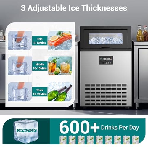 ETL Approval Commercial Ice Maker Machine 150 Lbs/24H Stainless Steel, with 50Lbs Bin, Under Counter or Freestanding Ice Maker, 55 Ice Cubes in 8-15 Minutes for Home & Commercial